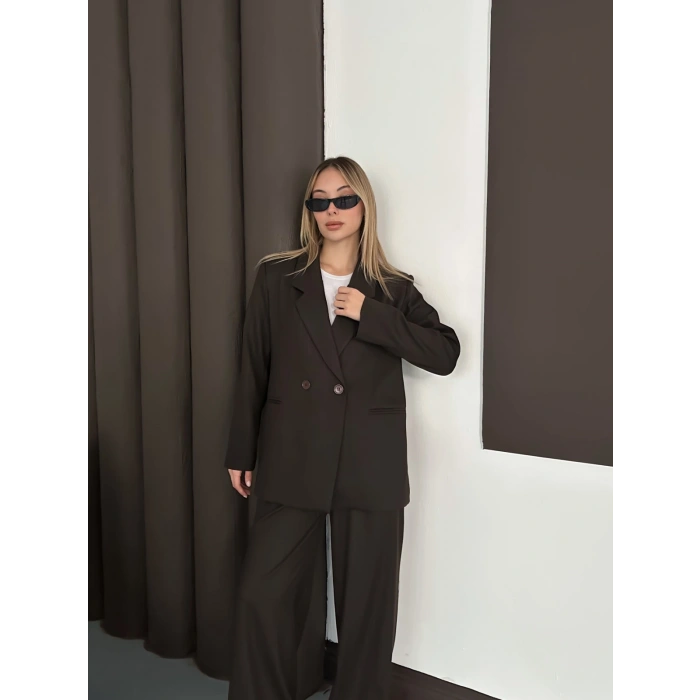 Kruvaze Yaka Ceket Pantolon Takım Kahve