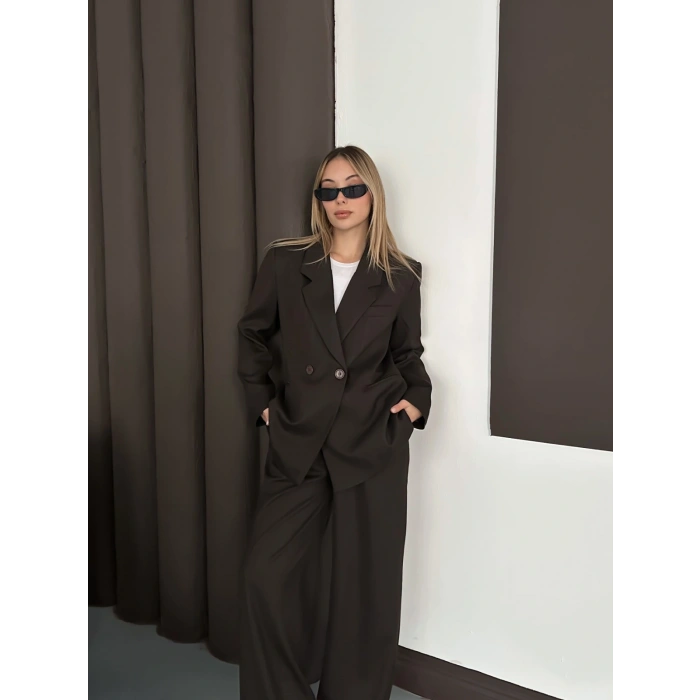 Kruvaze Yaka Ceket Pantolon Takım Kahve