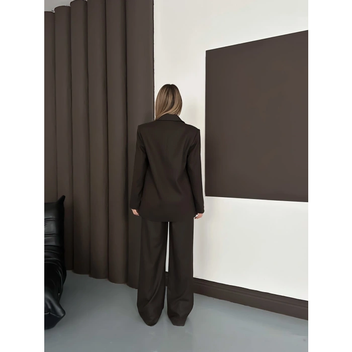 Kruvaze Yaka Ceket Pantolon Takım Kahve