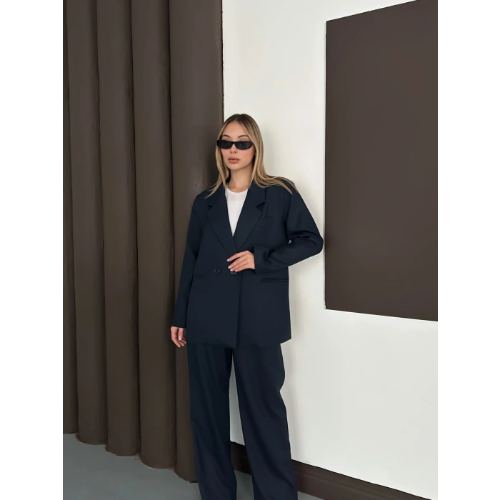 Kruvaze Yaka Ceket Pantolon Takım Lacivert