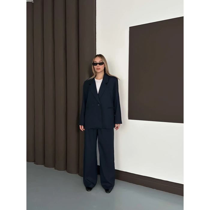 Kruvaze Yaka Ceket Pantolon Takım Lacivert