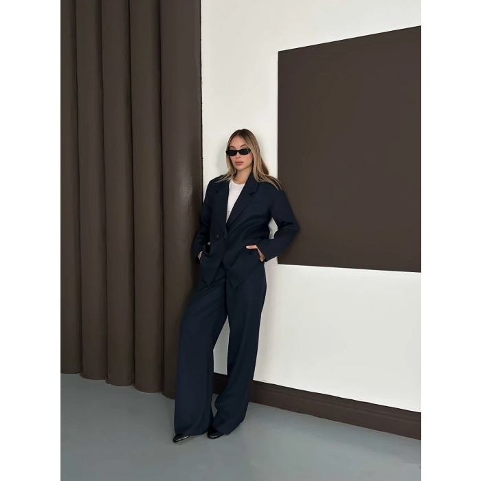 Kruvaze Yaka Ceket Pantolon Takım Lacivert
