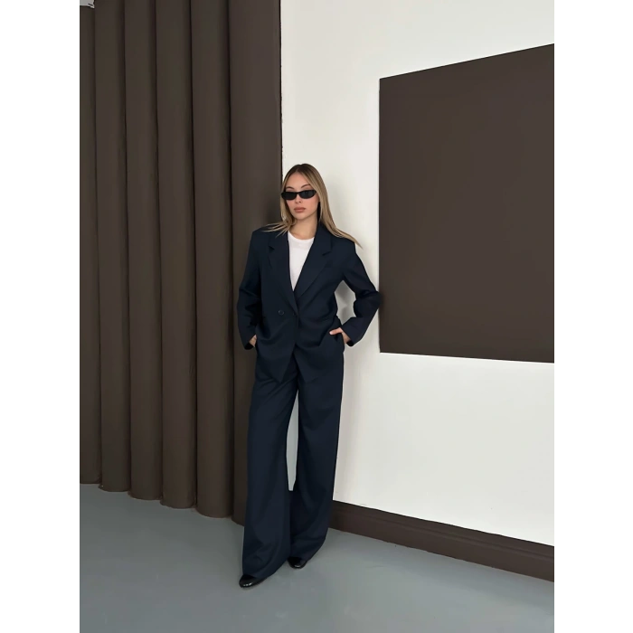 Kruvaze Yaka Ceket Pantolon Takım Lacivert