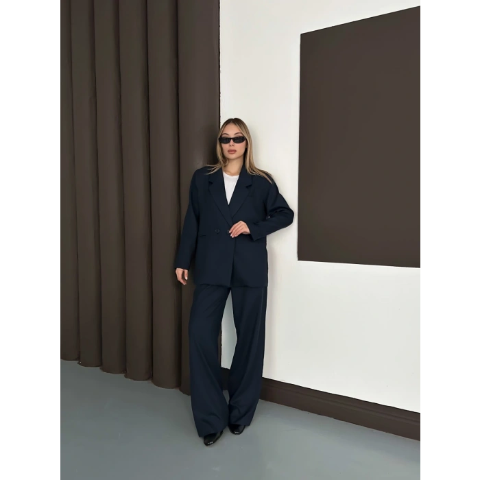 Kruvaze Yaka Ceket Pantolon Takım Lacivert