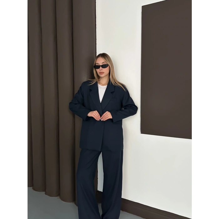 Kruvaze Yaka Ceket Pantolon Takım Lacivert