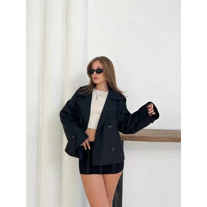 Kruvaze Yaka Cepli Bomber Ceket Siyah
