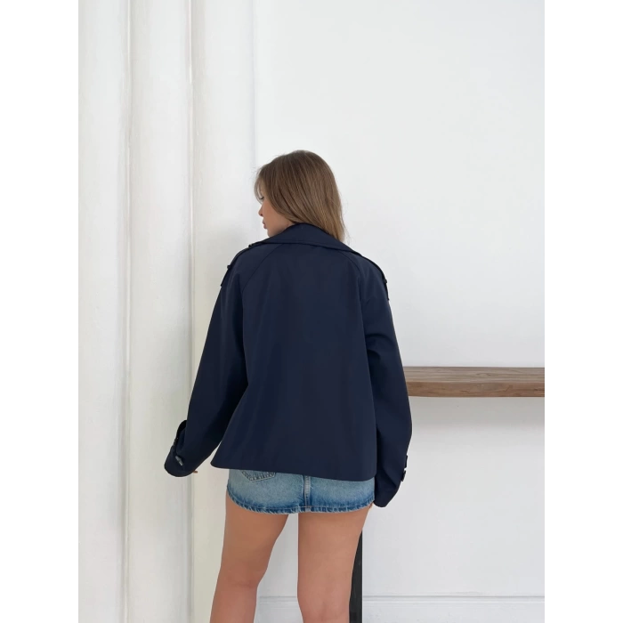 Kruvaze Yaka Cepli Bomber Ceket Lacivert