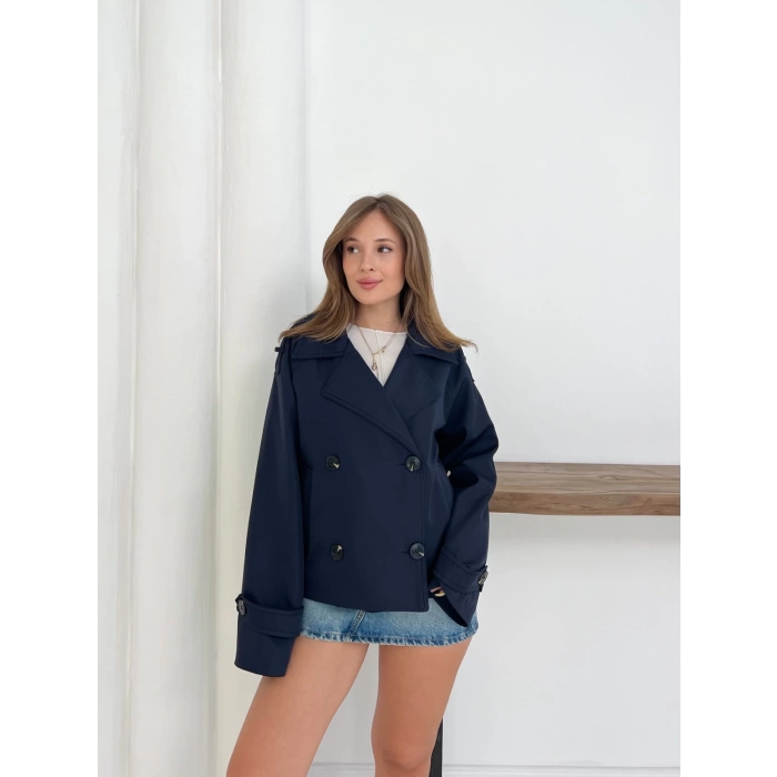 Kruvaze Yaka Cepli Bomber Ceket Lacivert