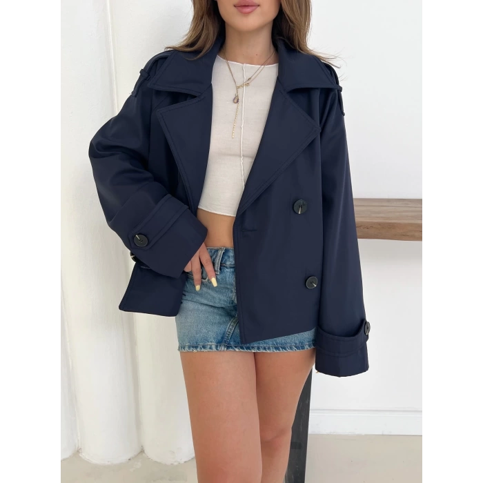 Kruvaze Yaka Cepli Bomber Ceket Lacivert