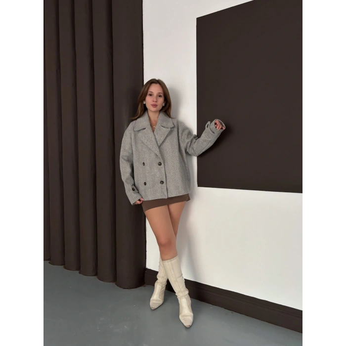 Kruvaze Yaka Cepli Kısa Kaşe Ceket Gri