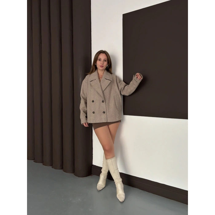 Kruvaze Yaka Cepli Kısa Kaşe Ceket Kahve