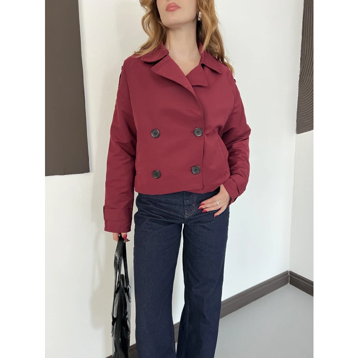 Kruvaze Yaka Çift Düğme Detaylı Kısa Trenç Bordo