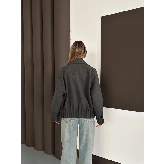 Kruvaze Yaka Kısa Büzgü Detaylı Kaşe Ceket Antrasit