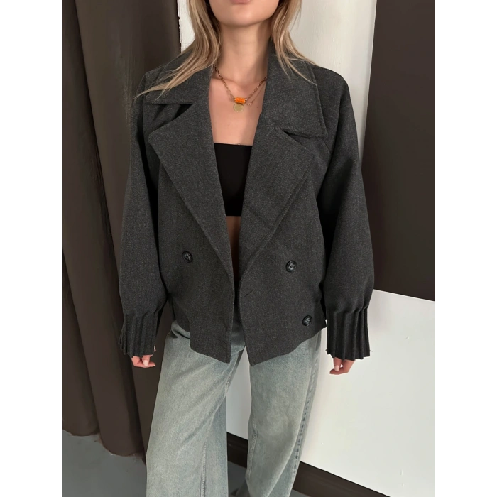 Kruvaze Yaka Kısa Büzgü Detaylı Kaşe Ceket Antrasit