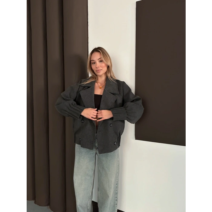 Kruvaze Yaka Kısa Büzgü Detaylı Kaşe Ceket Antrasit