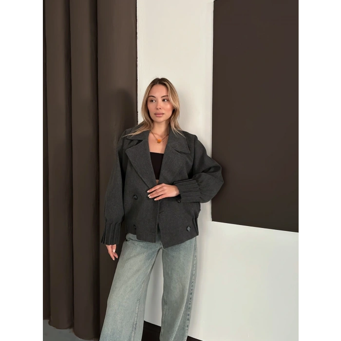 Kruvaze Yaka Kısa Büzgü Detaylı Kaşe Ceket Antrasit