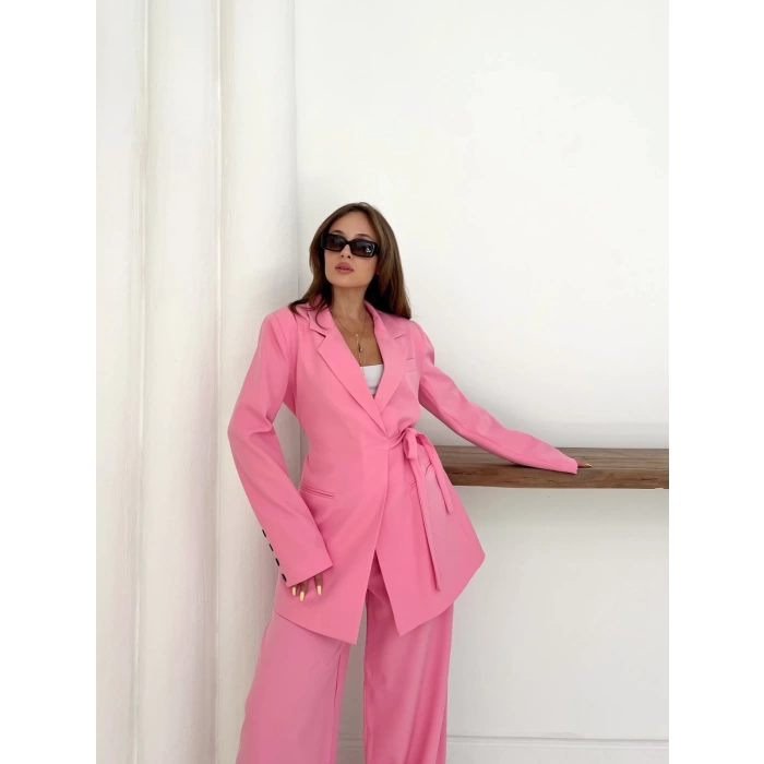 Kruvaze Yaka Yan Bağlama Detay Takım Pembe