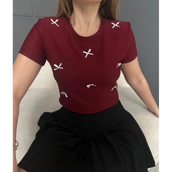 Kurdale Detaylı Crop Bordo