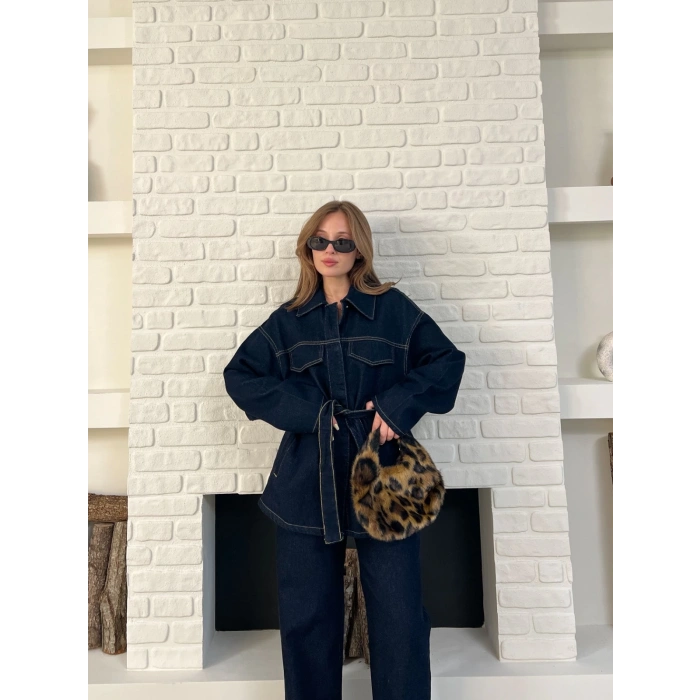 Kuşak Detaylı Denim Takım