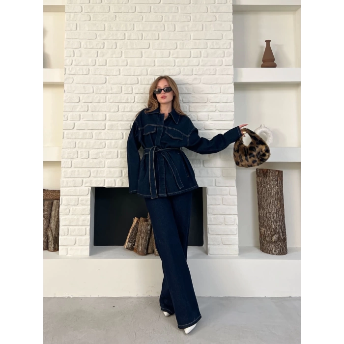 Kuşak Detaylı Denim Takım