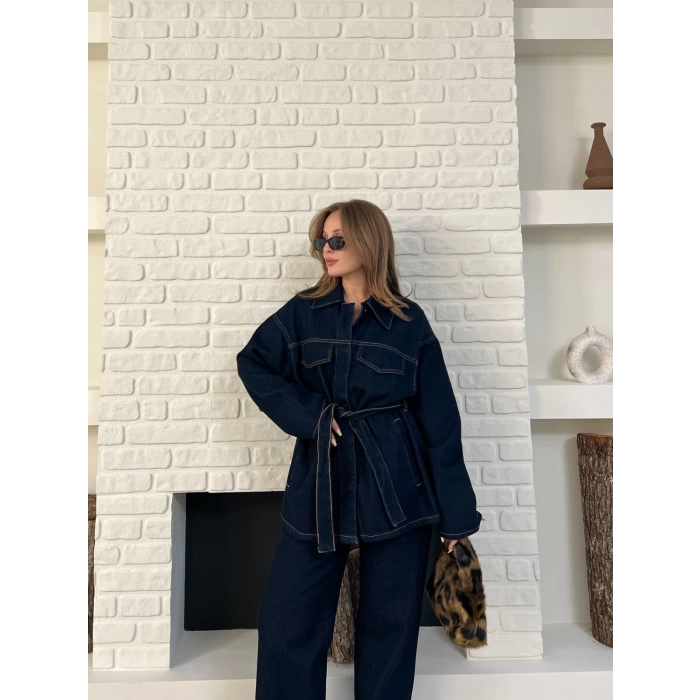 Kuşak Detaylı Denim Takım