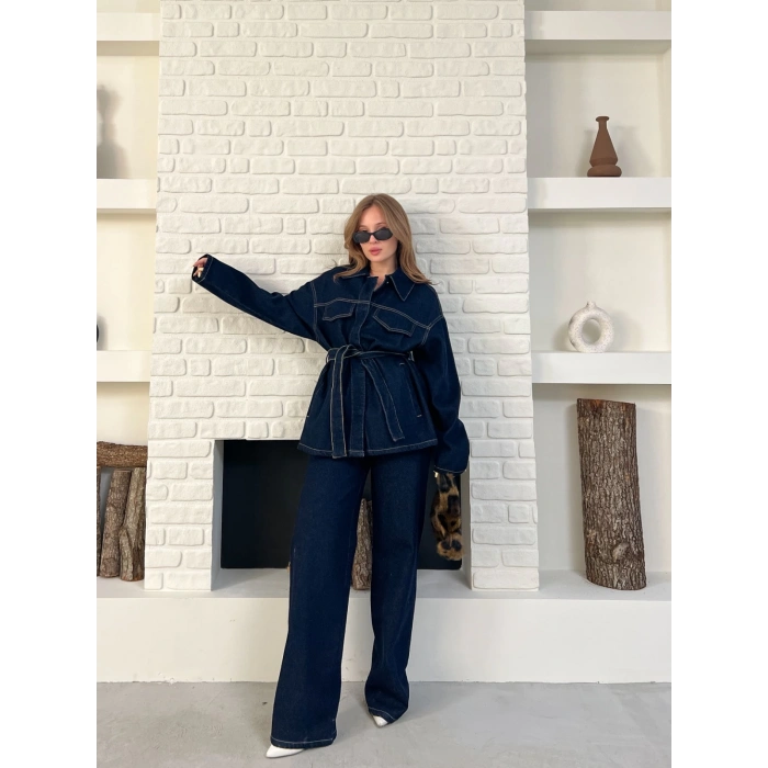 Kuşak Detaylı Denim Takım