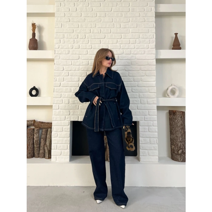 Kuşak Detaylı Denim Takım