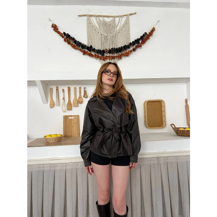 Kuşaklı Fermuarlı Deri Ceket Acı Kahve
