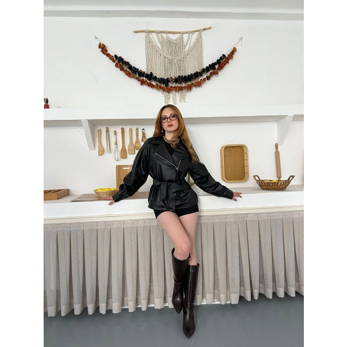 Kuşaklı Fermuarlı Deri Ceket Siyah