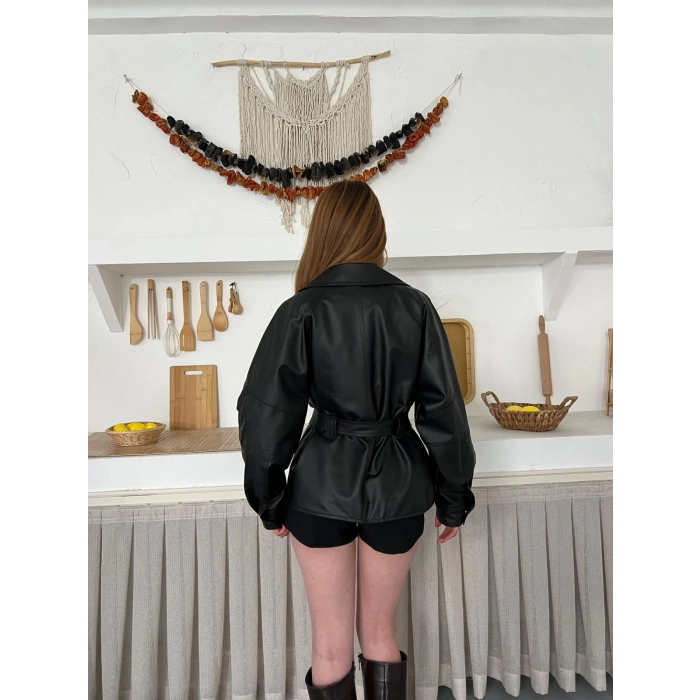 Kuşaklı Fermuarlı Deri Ceket Siyah