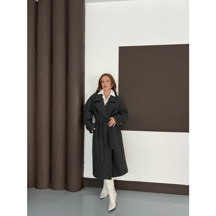 Kuşaklı Kol Manşetli Kaşe Kaban Antrasit