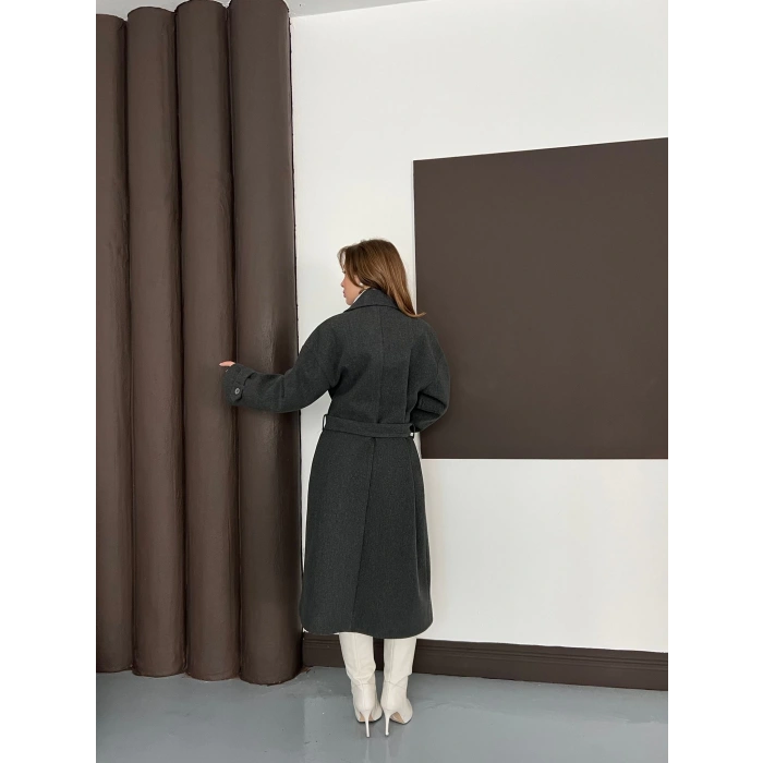 Kuşaklı Kol Manşetli Kaşe Kaban Antrasit