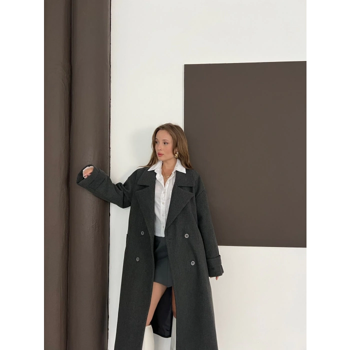 Kuşaklı Kol Manşetli Kaşe Kaban Antrasit