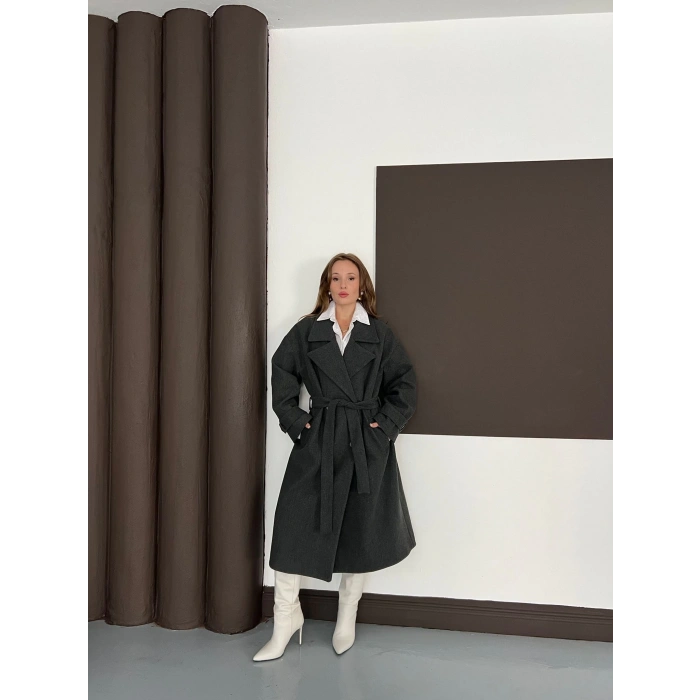 Kuşaklı Kol Manşetli Kaşe Kaban Antrasit