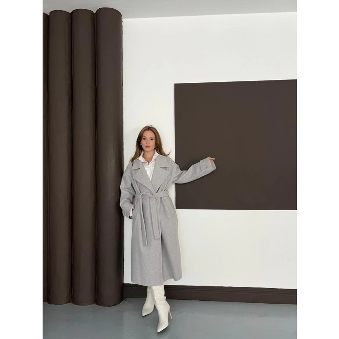 Kuşaklı Kol Manşetli Kaşe Kaban Gri