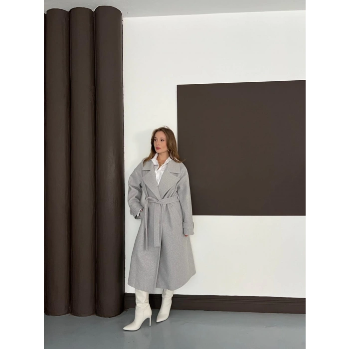 Kuşaklı Kol Manşetli Kaşe Kaban Gri