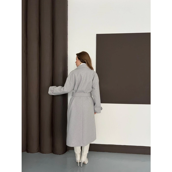 Kuşaklı Kol Manşetli Kaşe Kaban Gri