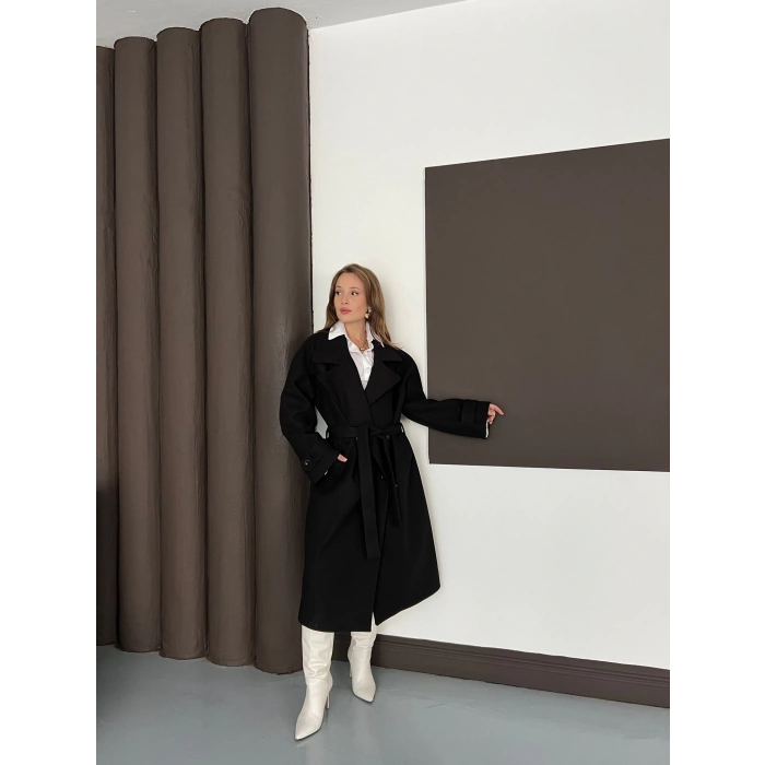 Kuşaklı Kol Manşetli Kaşe Kaban Siyah