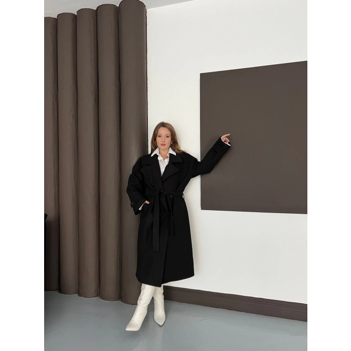 Kuşaklı Kol Manşetli Kaşe Kaban Siyah