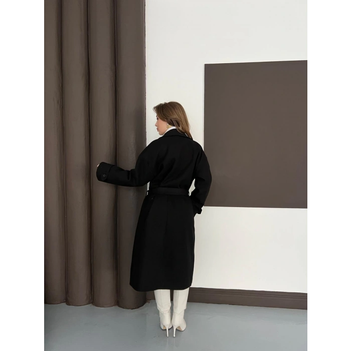 Kuşaklı Kol Manşetli Kaşe Kaban Siyah