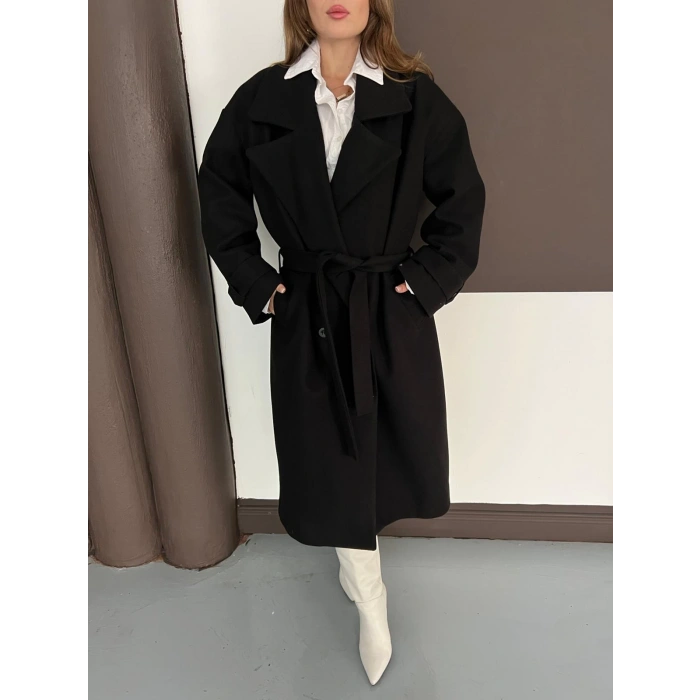 Kuşaklı Kol Manşetli Kaşe Kaban Siyah