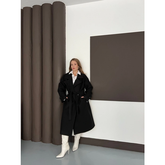 Kuşaklı Kol Manşetli Kaşe Kaban Siyah