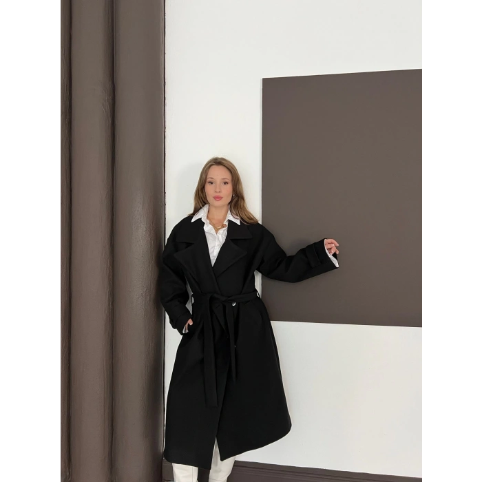 Kuşaklı Kol Manşetli Kaşe Kaban Siyah