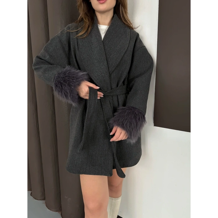 Kuşaklı Peluş Detay Kaşe Kaban Antrasit