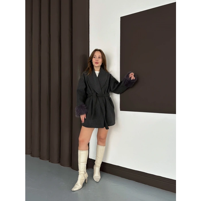 Kuşaklı Peluş Detay Kaşe Kaban Antrasit