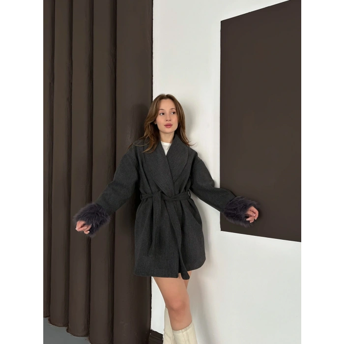 Kuşaklı Peluş Detay Kaşe Kaban Antrasit