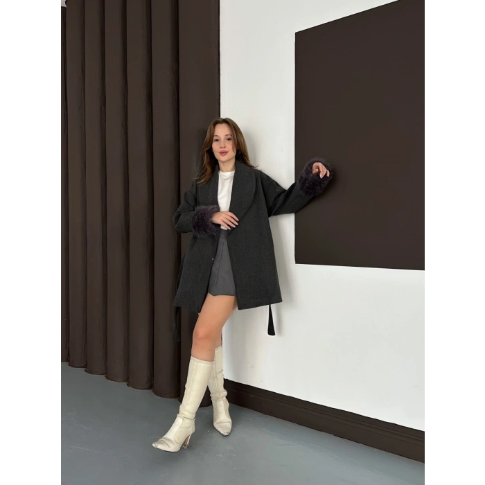 Kuşaklı Peluş Detay Kaşe Kaban Antrasit