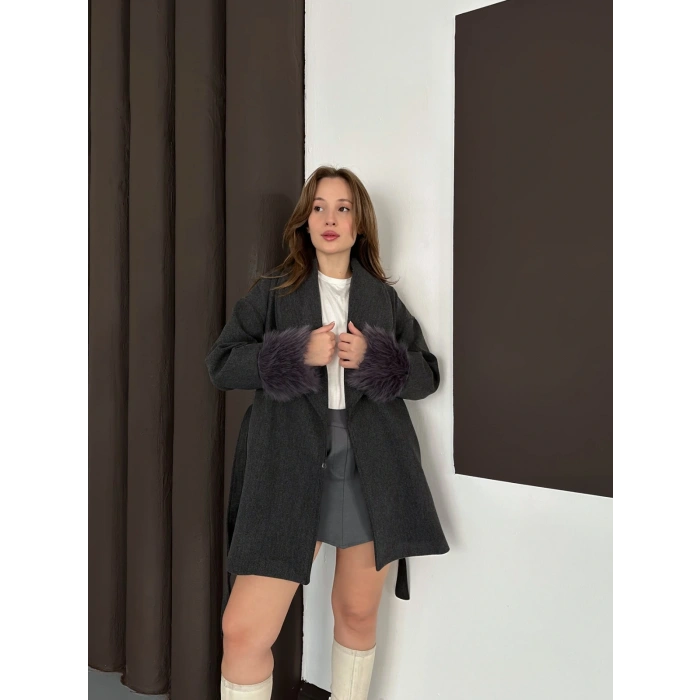 Kuşaklı Peluş Detay Kaşe Kaban Antrasit