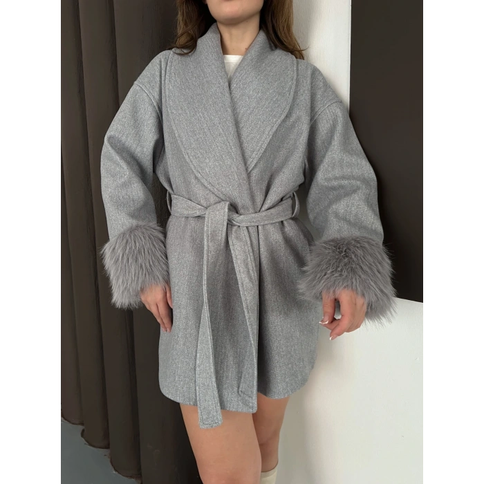 Kuşaklı Peluş Detay Kaşe Kaban Gri