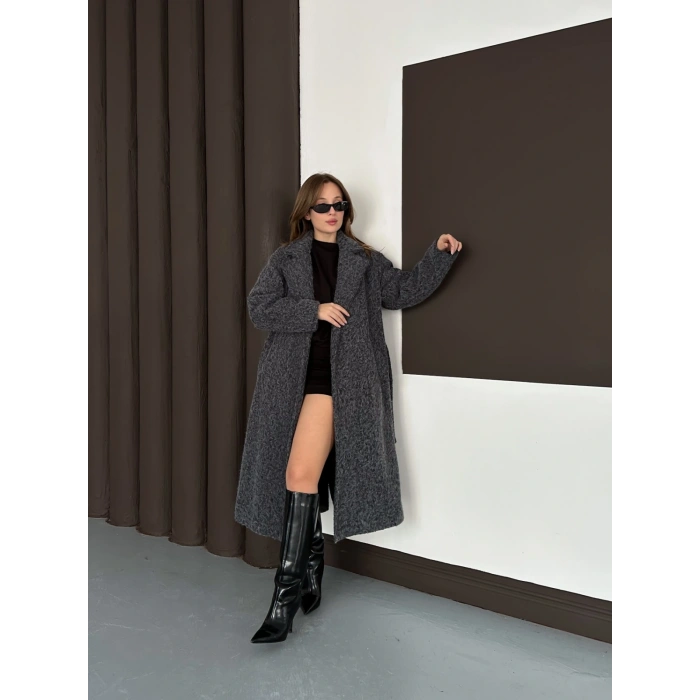 Kuşaklı Uzun Buklet Tüylü Kaban Antrasit